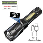 Black flashlight with digital display and Type-C cable on a white background