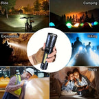Collage of a flashlight being used in various scenarios including ride, camping, exploration, hiking, patrol, and study.