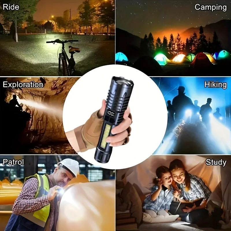 Collage of a flashlight being used in various scenarios including ride, camping, exploration, hiking, patrol, and study.