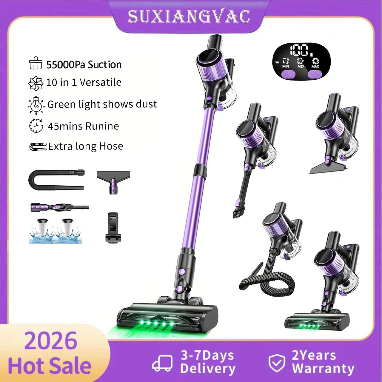 SuXiangVac 10-in-1 Cordless Stick Vacuum Cleaner | 55kPa 500W | HEPA Filter | LED Display | 45 Min Runtime