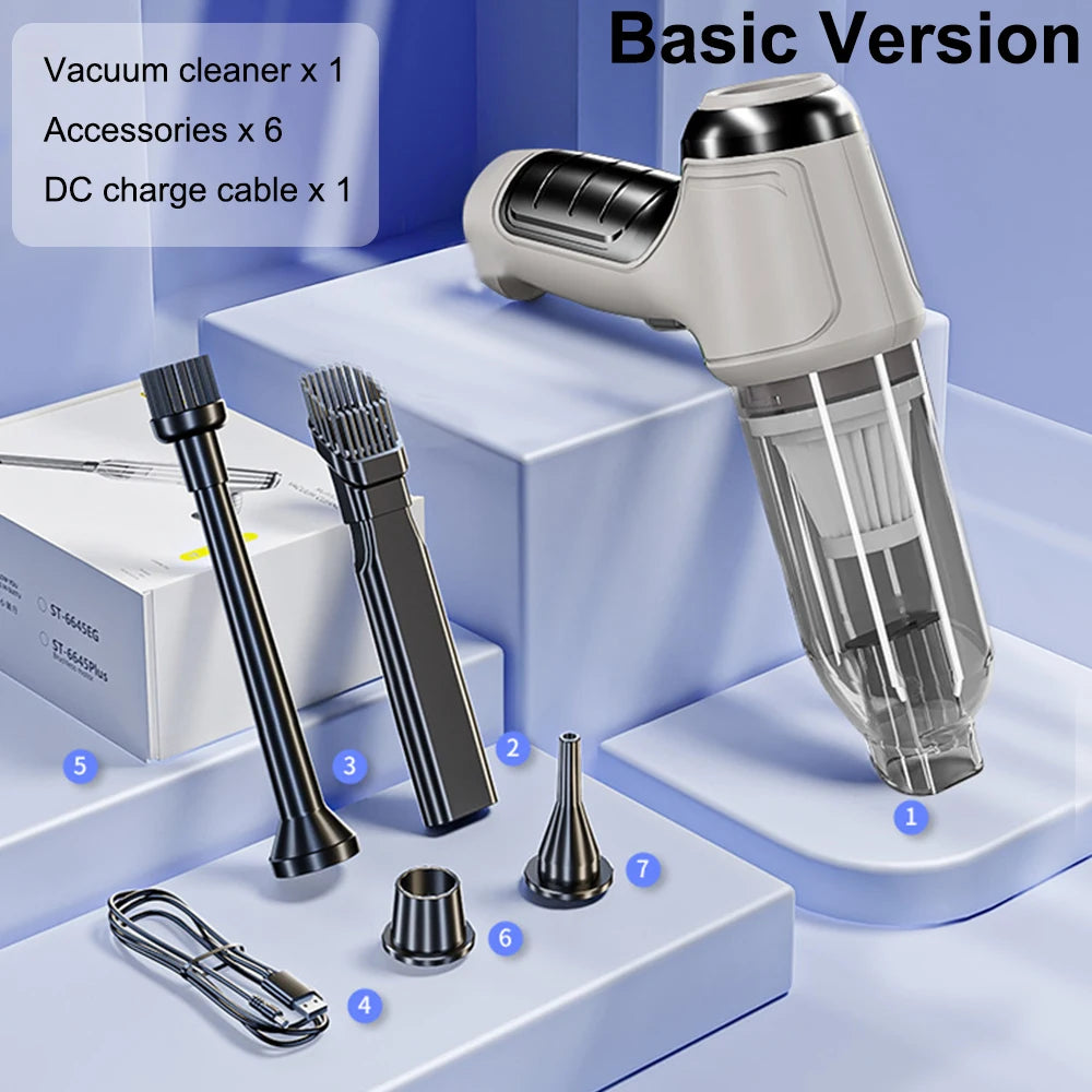 Vacuum cleaner set with accessories on a blue geometric background

