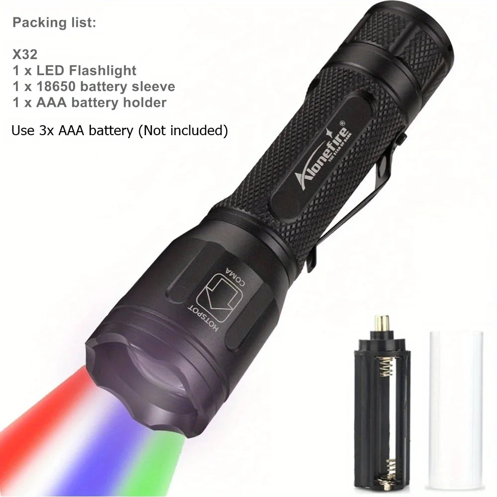 Alonefire X32 4-in-1 Multicolour LED Flashlight – Red, Blue, Green & White