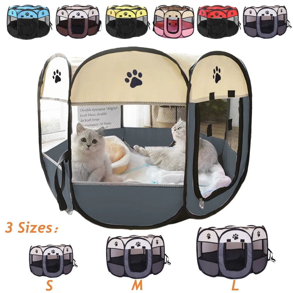 Pet playpen with two cats inside, shown in different sizes on a white background.

