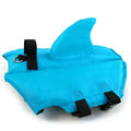 Blue dog life jacket with shark fin design on a white background