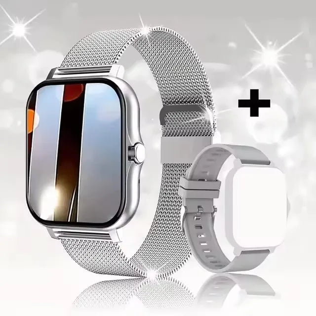 Silver smartwatch with mesh band on a reflective surface