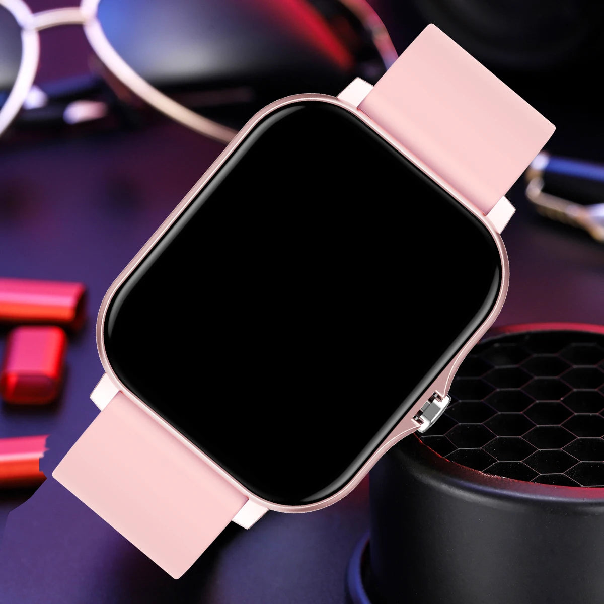 Smartwatch with a gold band on a dark background