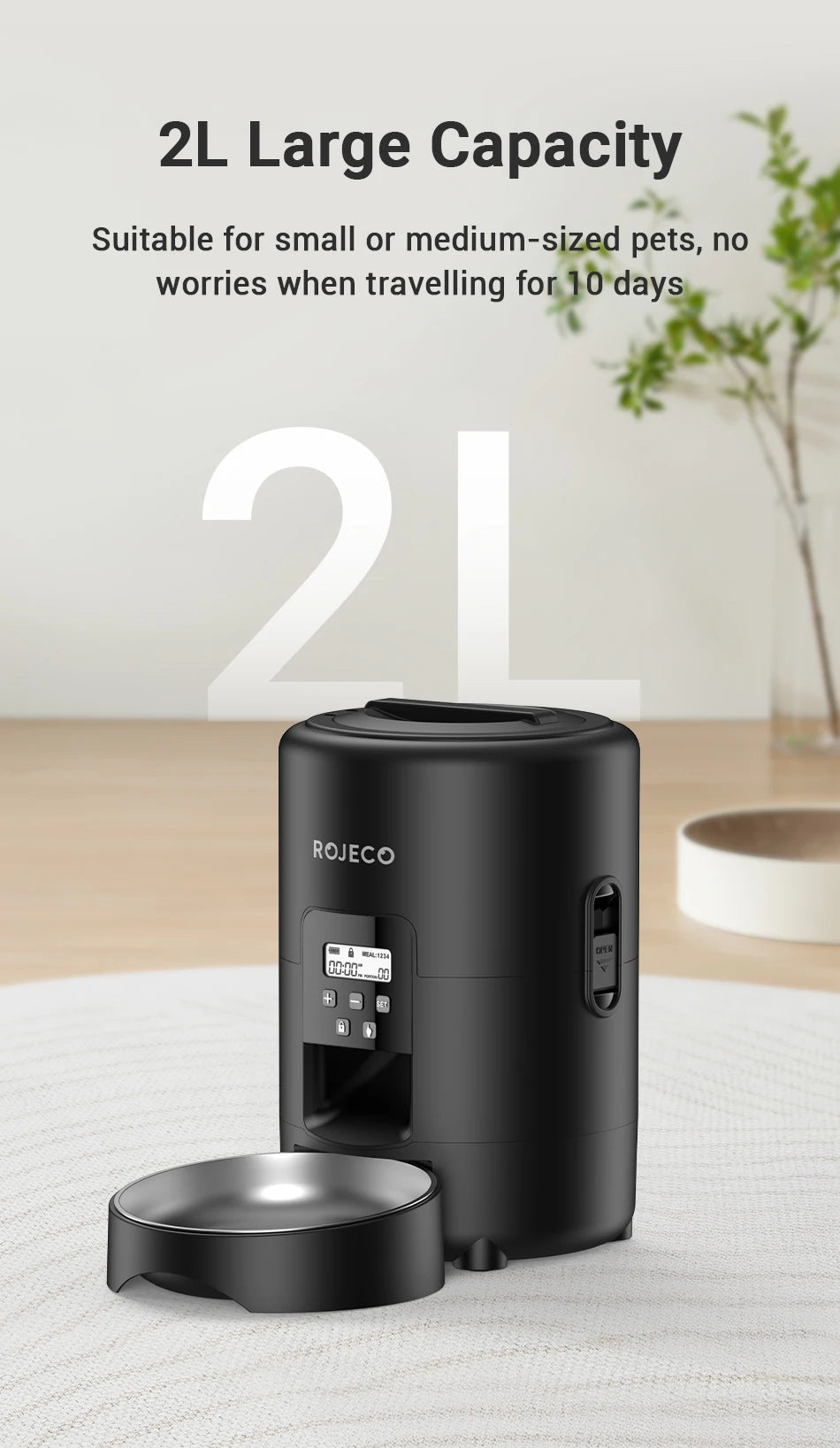 ROJECO 2L Automatic Pet Feeder – Smart Timed Cat & Dog Food Dispenser (Button & WiFi Versions)