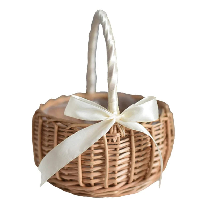 Hand-woven Wicker Wedding Flower Basket with Handle | Pink & White | Small & Large.