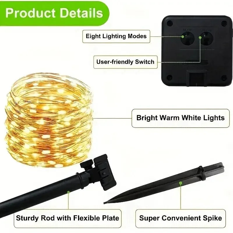 Solar Copper Wire Fairy Lights – IP65 Waterproof, Auto On/Off, 8 Modes