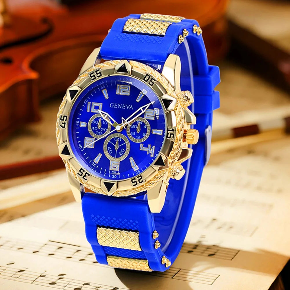 Blue and gold watch on a sheet of music with a violin in the background