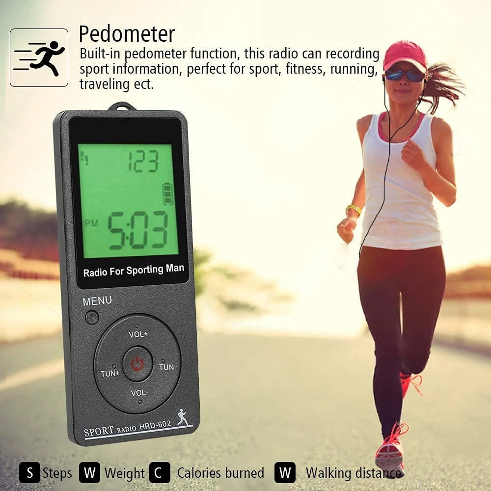 Portable AM/FM Mini Sports Radio with Pedometer & LED Display – Pocket Radio for Walking & Running