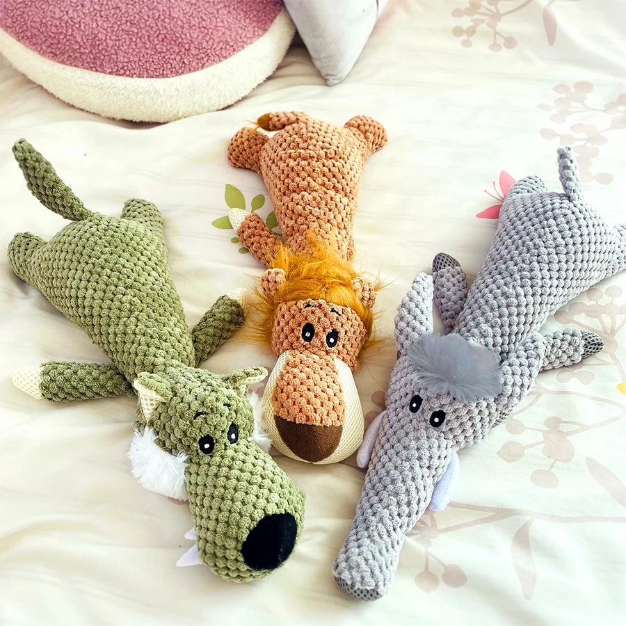 Animal Plush Squeaky Dog Toy – Bite-Resistant Lion, Wolf & Elephant | Small & Medium Dogs