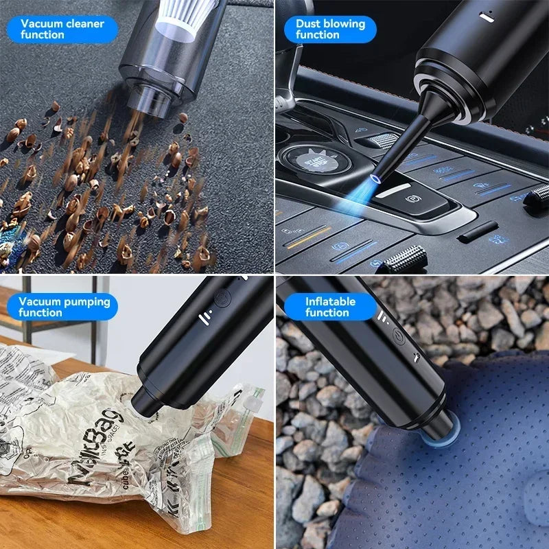 Multifunctional tool with various attachments for cleaning and blowing functions on a gray background.