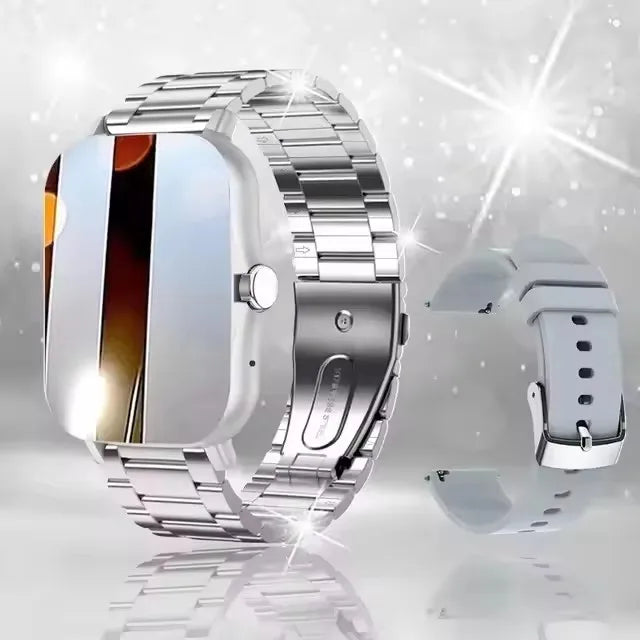 Silver smartwatch with a reflective surface on a sparkling background