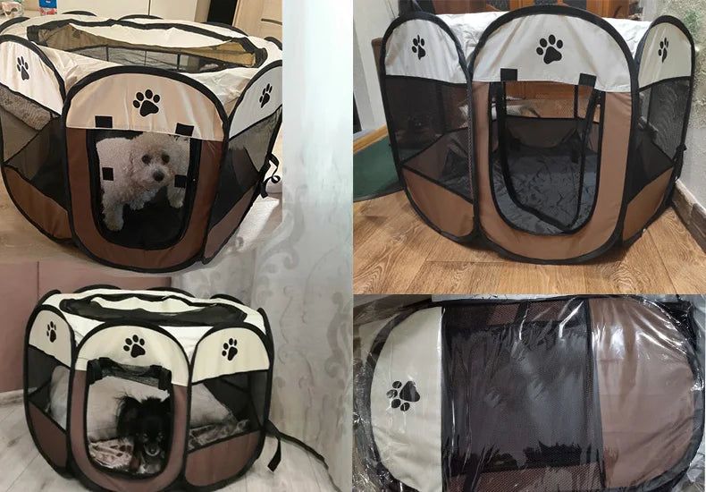 Pet playpen with a dog inside, shown from different angles on a white background.