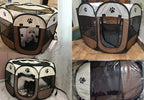 Pet playpen with a dog inside, shown from different angles on a white background.
