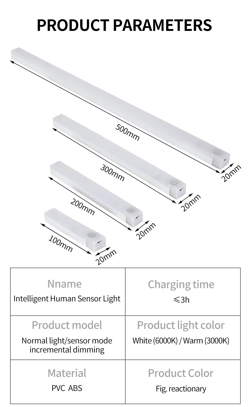 1-4Pcs Rechargeable PIR Motion Sensor LED Bar Light
