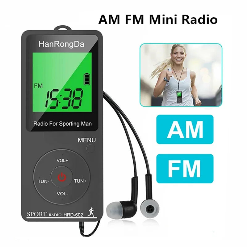 AM FM Mini Radio with earbuds on a white background