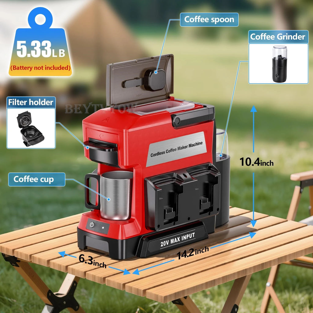 Red portable coffee maker with features highlighted on a wooden table outdoors.