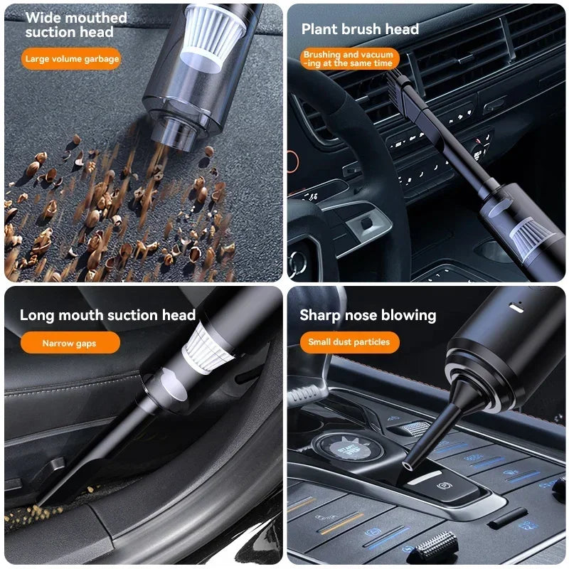 Collage of a car cleaning tool with different attachments in use.