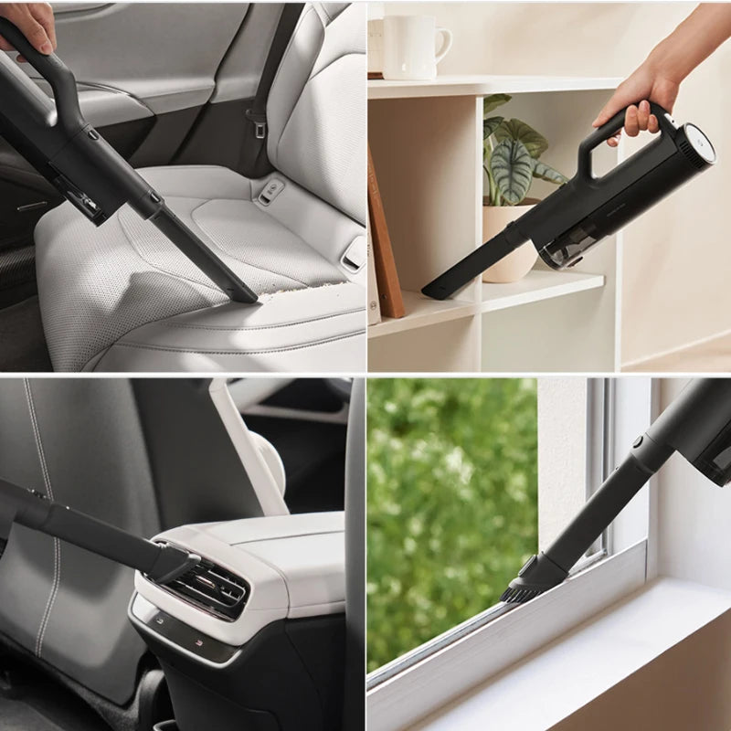 Collage of a handheld vacuum being used in various settings including car seats, shelves, and windows