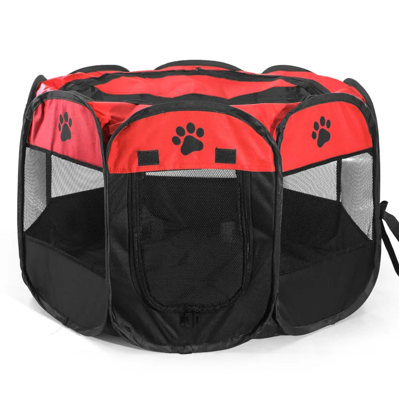 Red and black pet playpen with paw prints on a white background