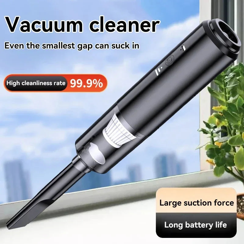 Vacuum cleaner with text highlighting features like high cleanliness rate, large suction force, and long battery life
