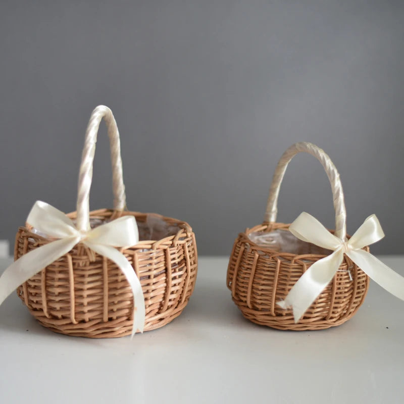 Hand-woven Wicker Wedding Flower Basket with Handle | Pink & White | Small & Large.