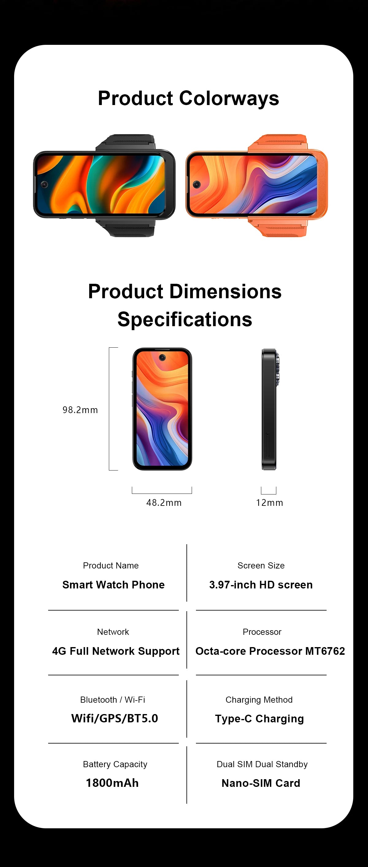 PGD 4G Smart Watch Phone – GPS, Dual SIM, 8MP Camera, Android 12, 64GB