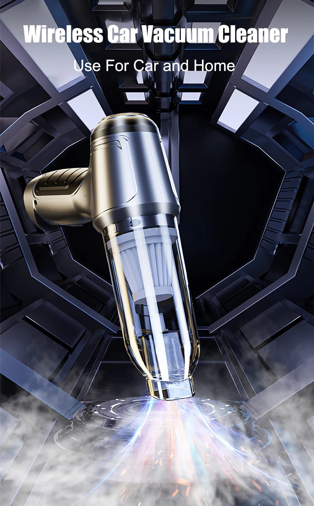 Wireless car vacuum cleaner with metallic finish on a dark background