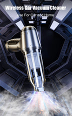 Wireless car vacuum cleaner with metallic finish on a dark background