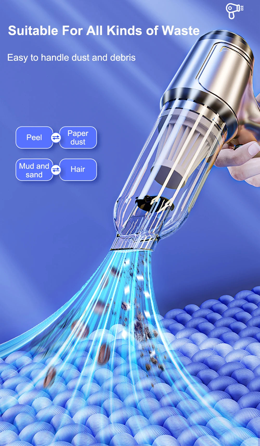 Handheld vacuum cleaner with blue background and waste removal features highlighted