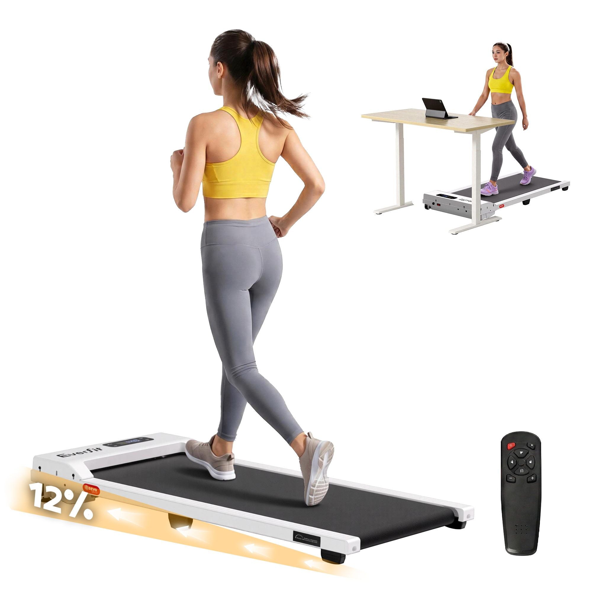 Woman using a treadmill with a desk attachment on a white backgroun