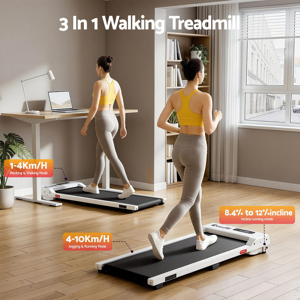 Woman using a 3-in-1 walking treadmill in a home setting.