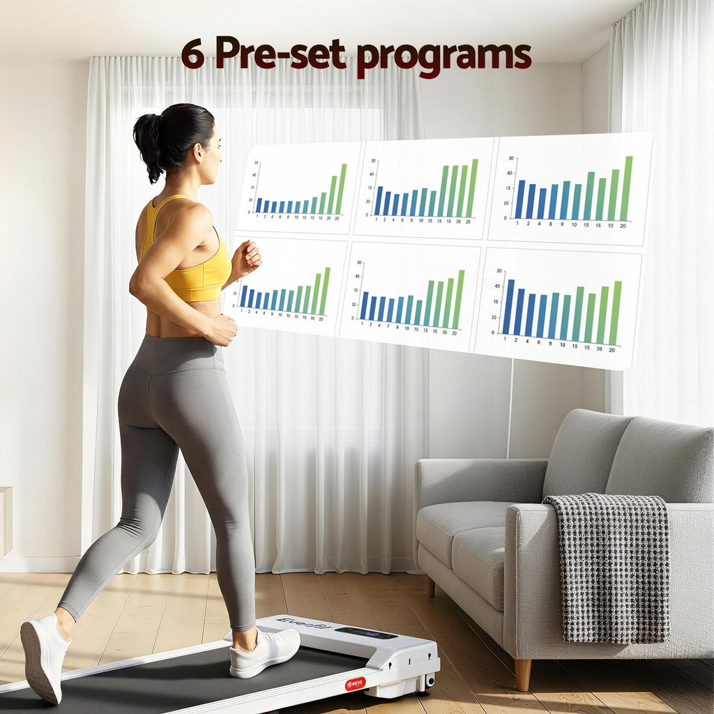 Woman running on a treadmill with fitness data graphs displayed, in a home setting.
