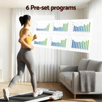 Woman running on a treadmill with fitness data graphs displayed, in a home setting.