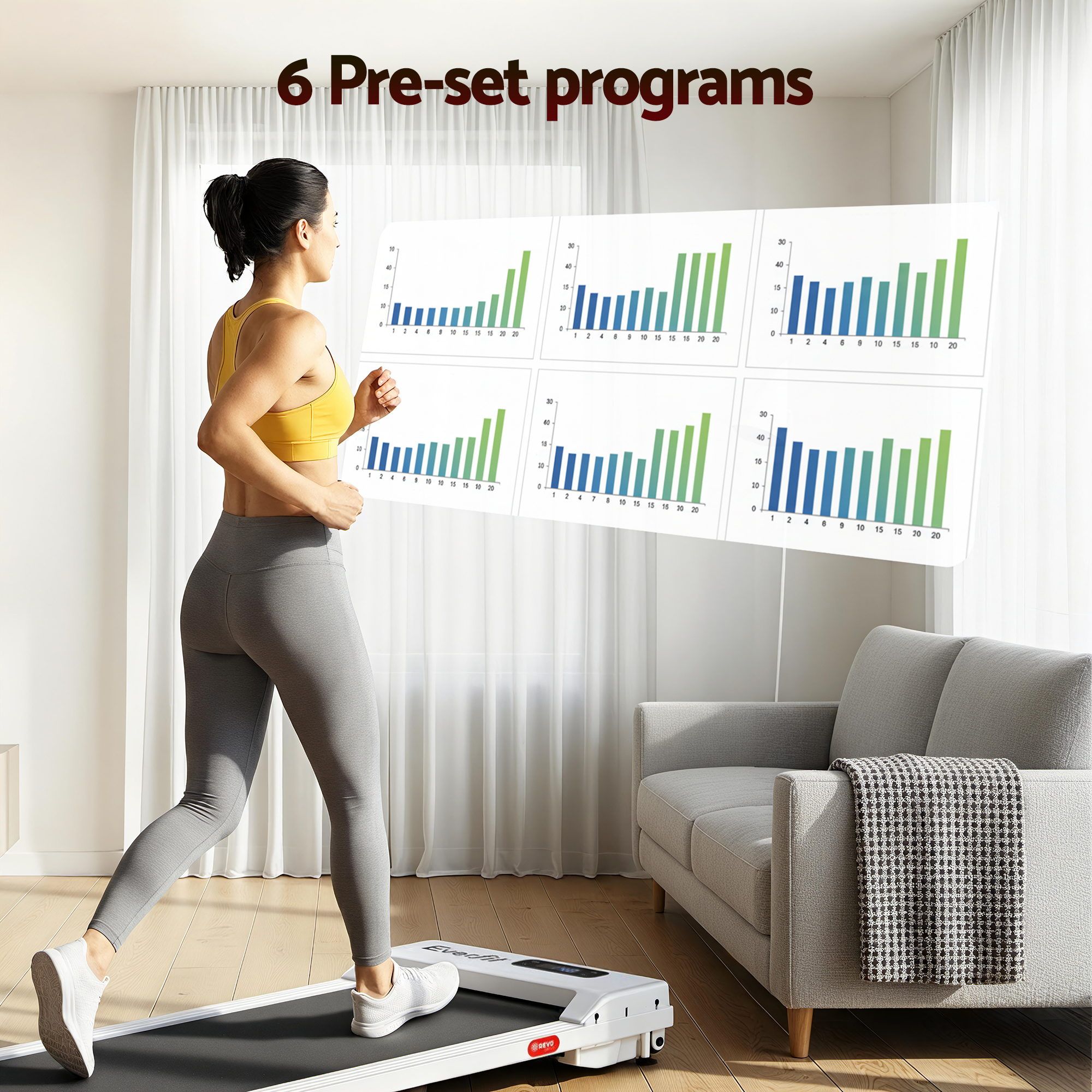 Woman running on a treadmill with fitness data graphs displayed, in a home setting.