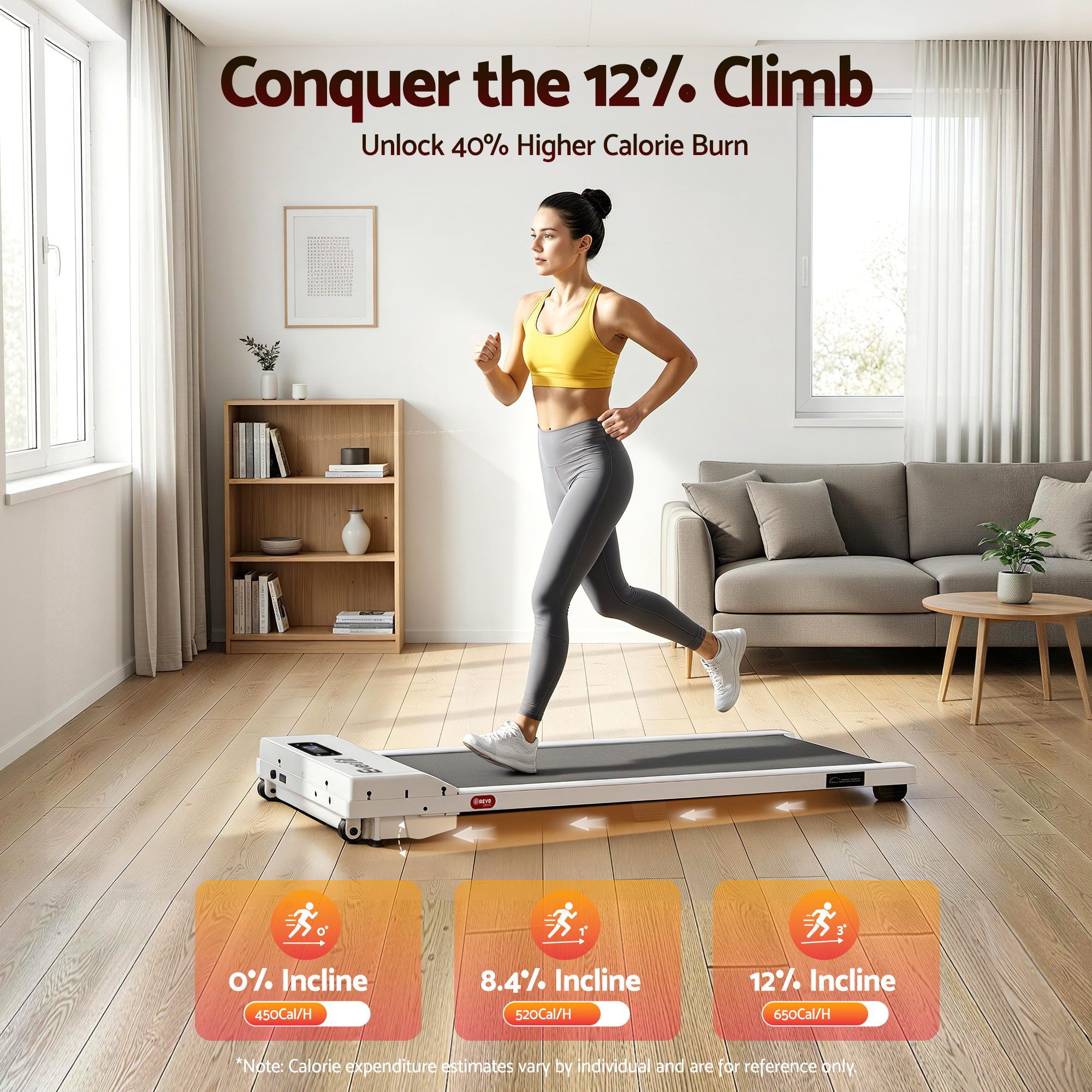 Woman running on a treadmill in a living room with text about calorie burn and incline levels.
