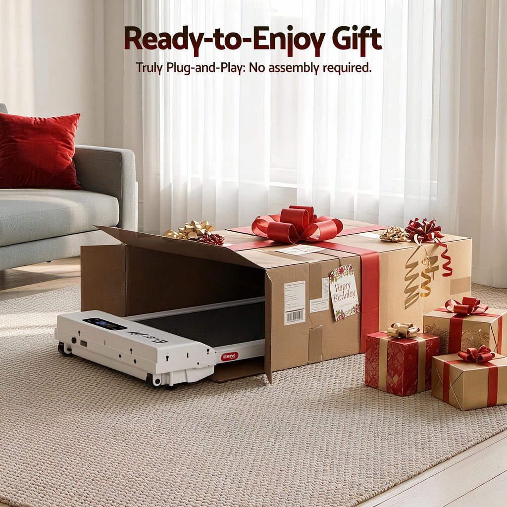 Unassembled furniture piece with gift wrapping and 'Ready-to-Enjoy Gift' text in a living room setting.