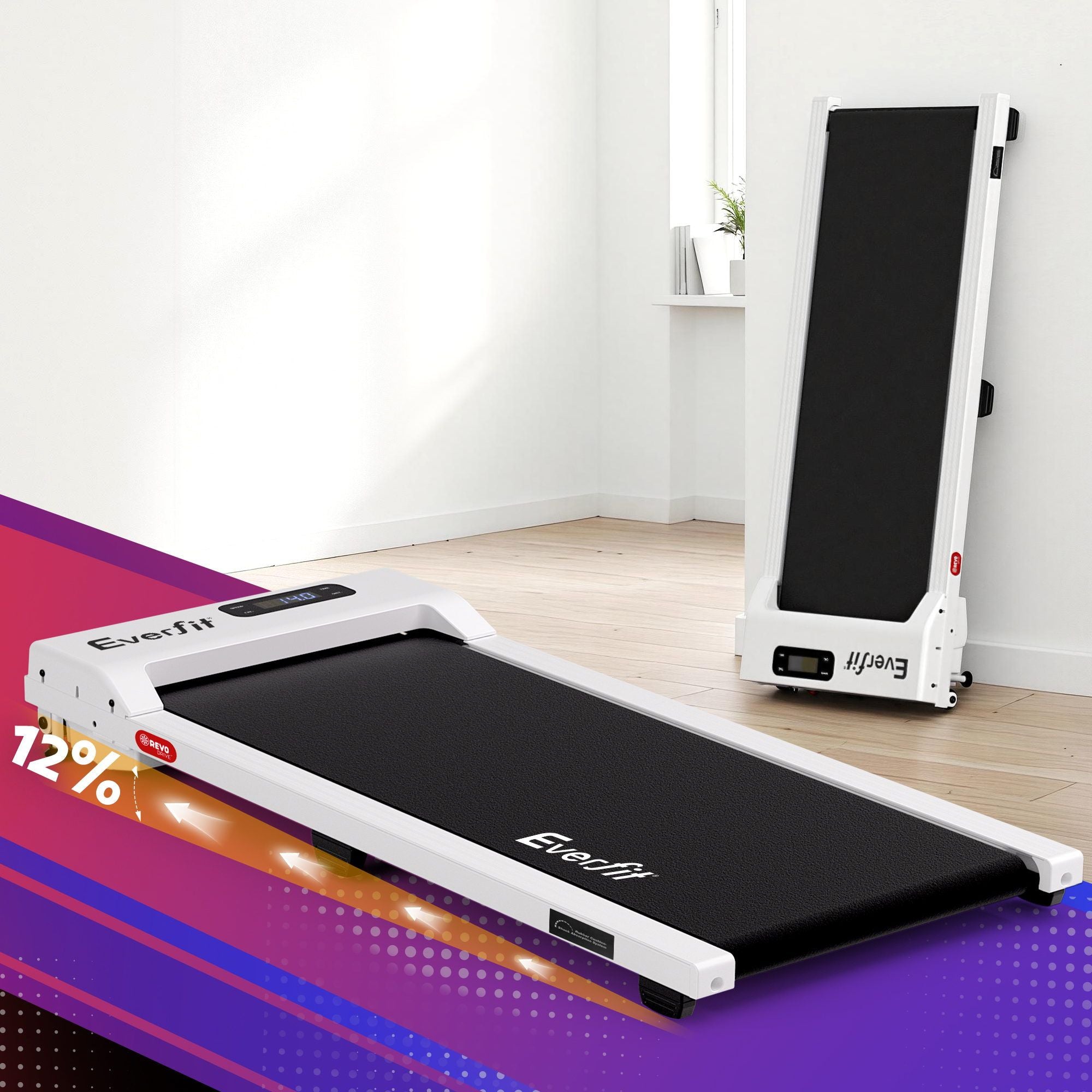 Foldable treadmill on a white background with Everfit branding.