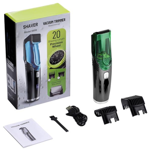 Vacuum trimmer with packaging, attachments, and user manual on a white background