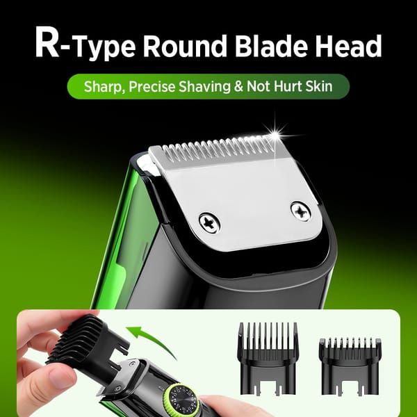 Hair trimmer with R-type round blade head on a green background