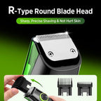 Hair trimmer with R-type round blade head on a green background