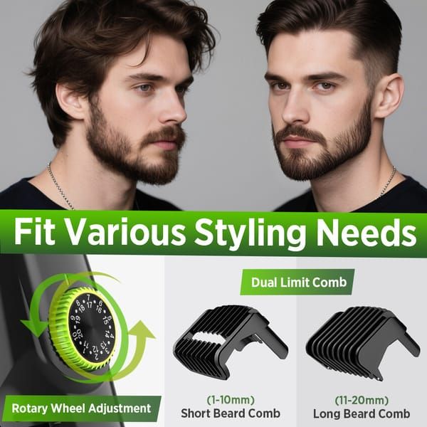 Comparison of a man with different hairstyles and attachments for a grooming tool on a gray background.