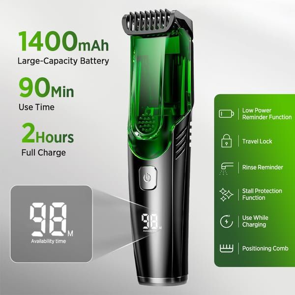 Green and black electric shaver with battery information and features on a gray background