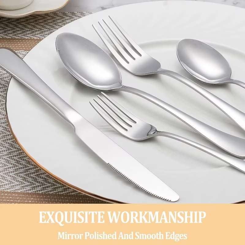 Silver cutlery set on a white plate with 'Exquisite Workmanship' text.