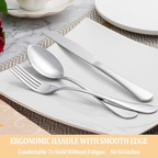 Silverware set on a plate with text about ergonomic handles