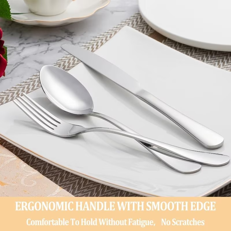 Silverware set on a plate with text about ergonomic handles