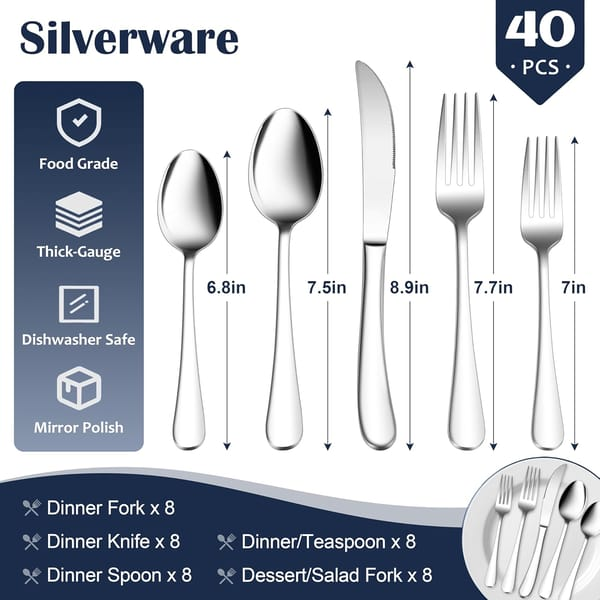 40-piece silverware set with measurements and features on a blue background