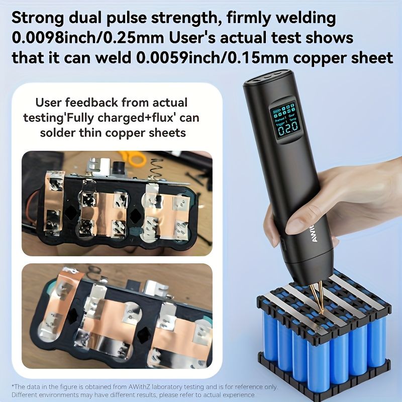 Welding tool with digital display being used on copper sheets, with text about welding strength and user feedback